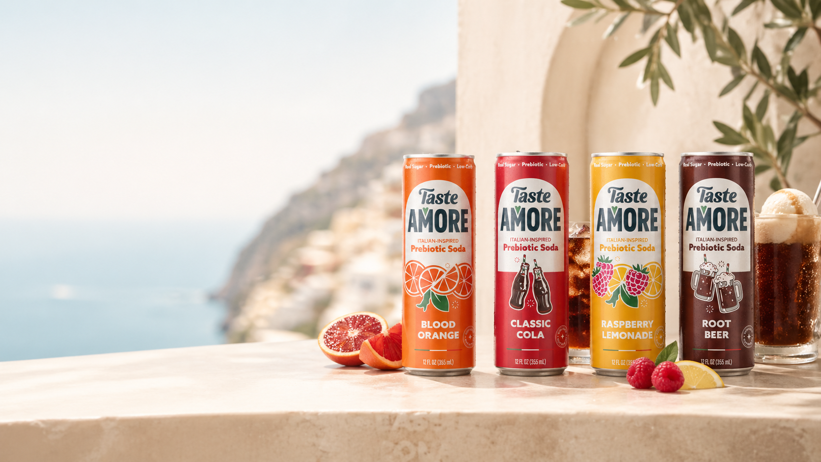 Taste Amore Italian-Inspired Prebiotic Soda — four flavors on the Amalfi Coast